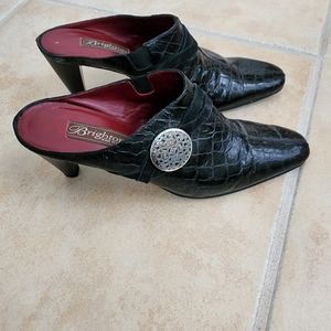 Brighton Romeo Black croc leather Mule heel slide shoes made Italy